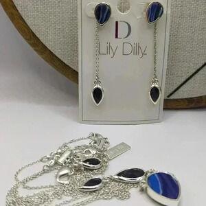 Lily Dilly necklace + earrings Convertible NWT jewelry bundle blue silvertone